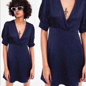 Zara polka dot navy blue puff sleeve mini dress size S